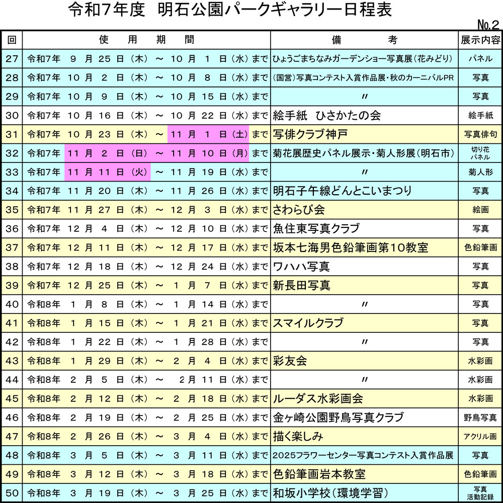 令和7年度パークギャラリー日程表