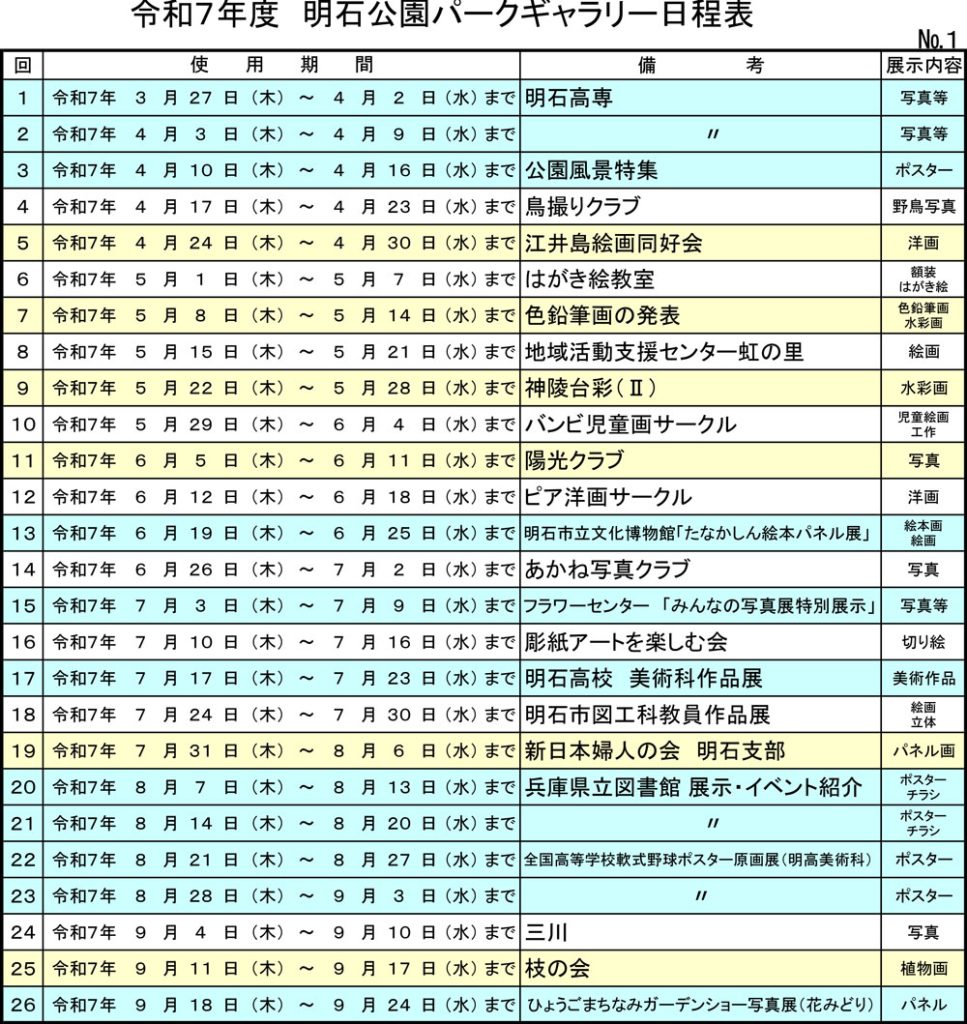 令和7年度パークギャラリー日程表
